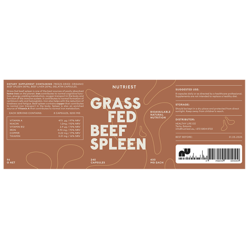 Splina de vita Grass Fed liofilizata 240cps – supliment fier pentru anemie